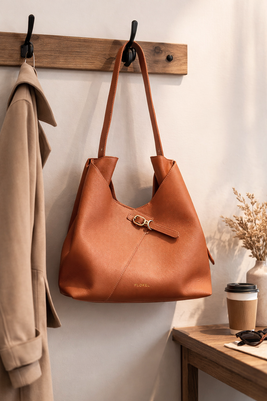 Handbag handing on wall hook